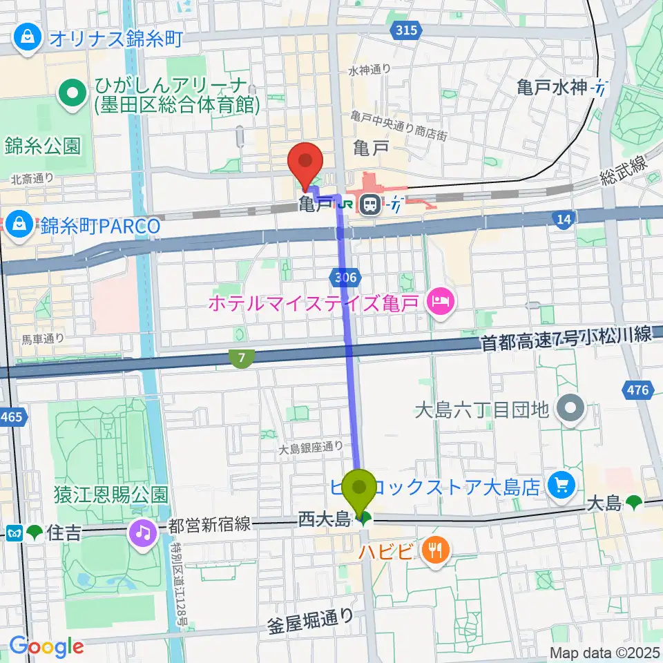 西大島駅から江東区亀戸文化センターへのルートマップ地図
