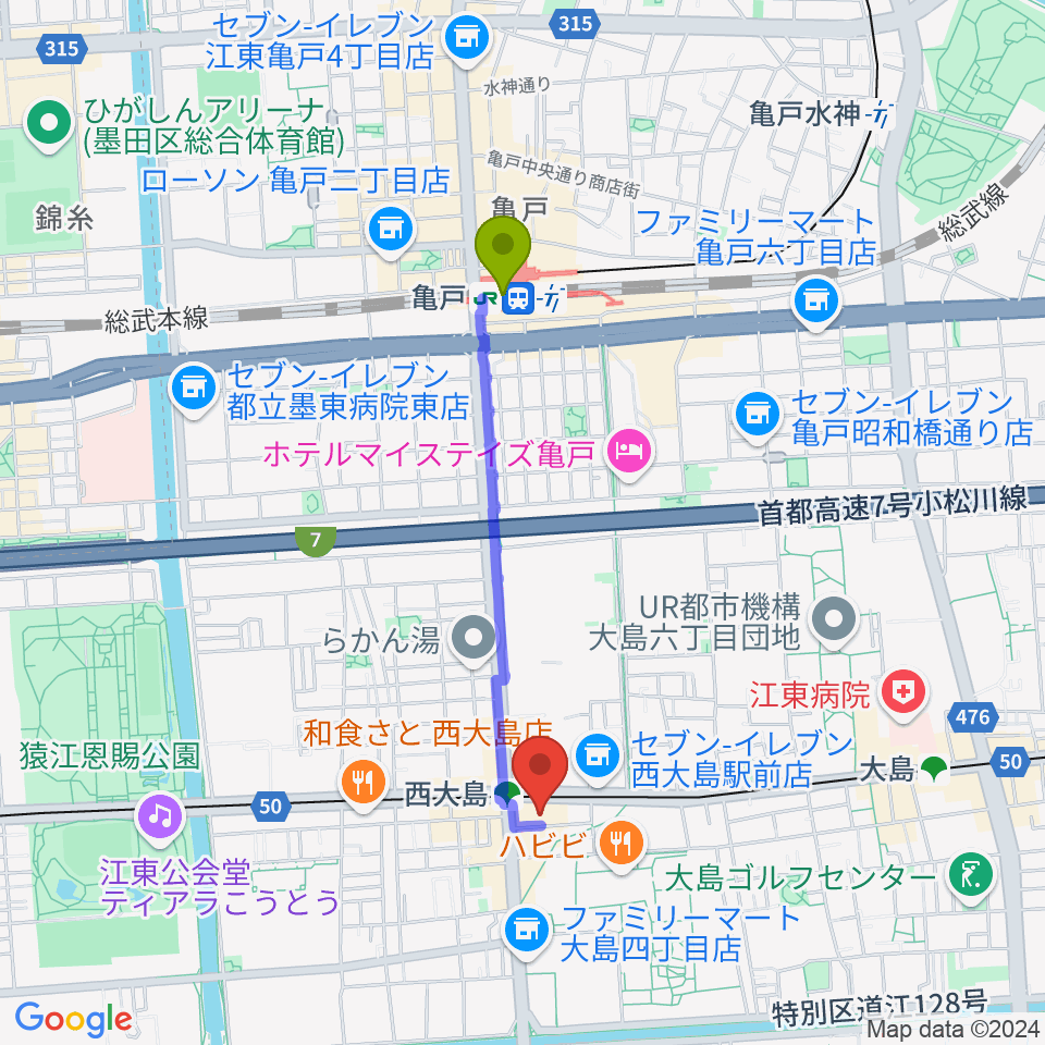 亀戸駅から江東区総合区民センターへのルートマップ地図