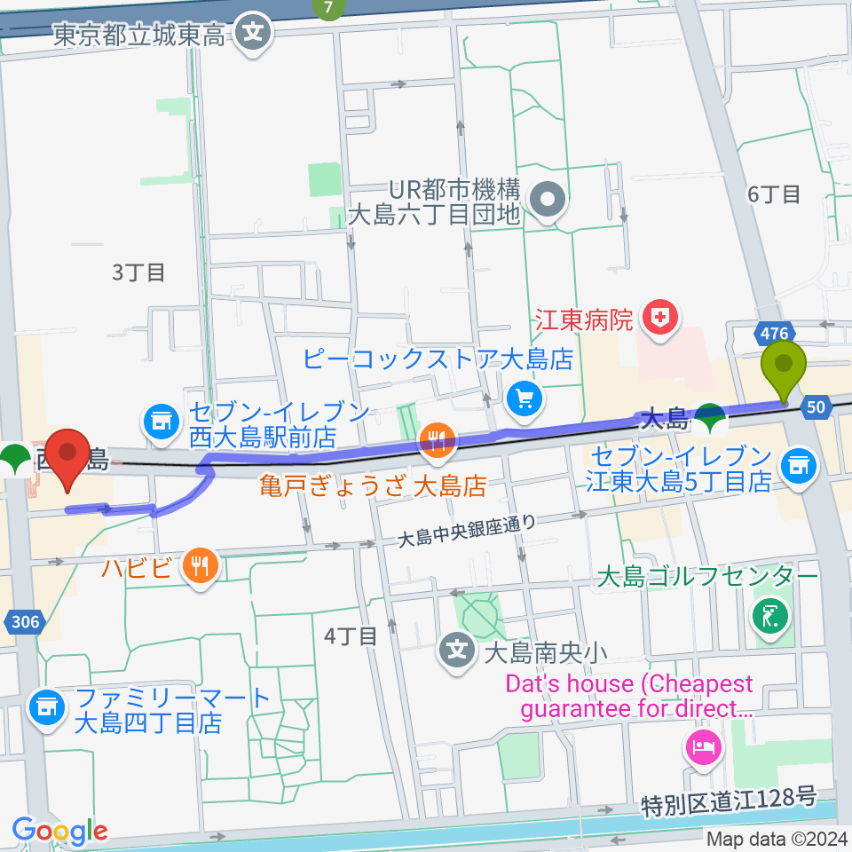 大島駅から江東区総合区民センターへのルートマップ地図