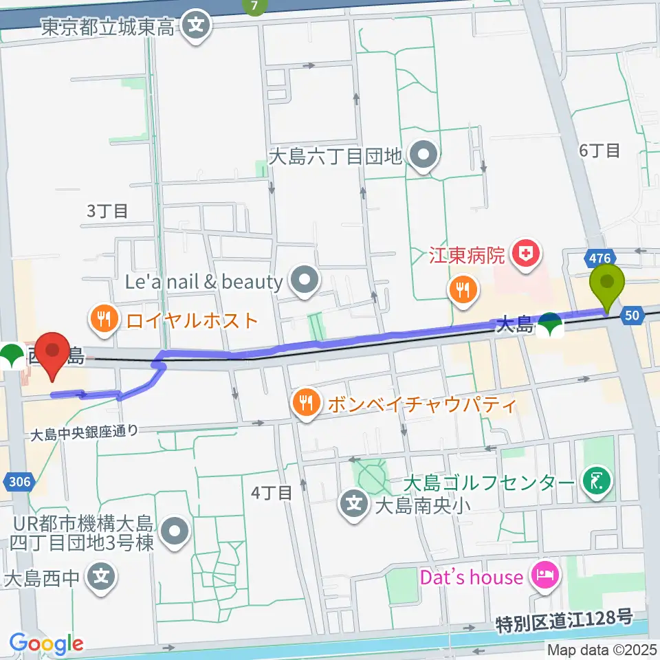 大島駅から江東区総合区民センターへのルートマップ地図