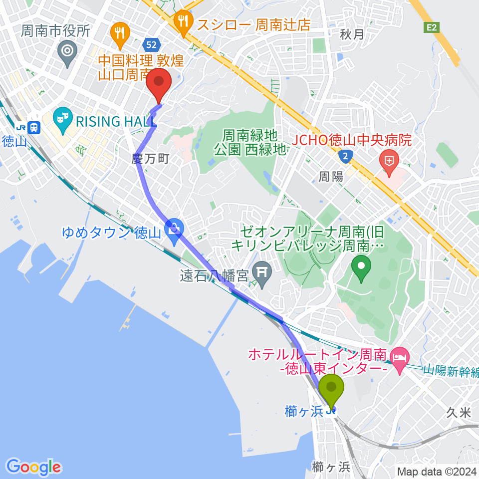 櫛ケ浜駅からグランドミック周南楽器 御弓店へのルートマップ地図