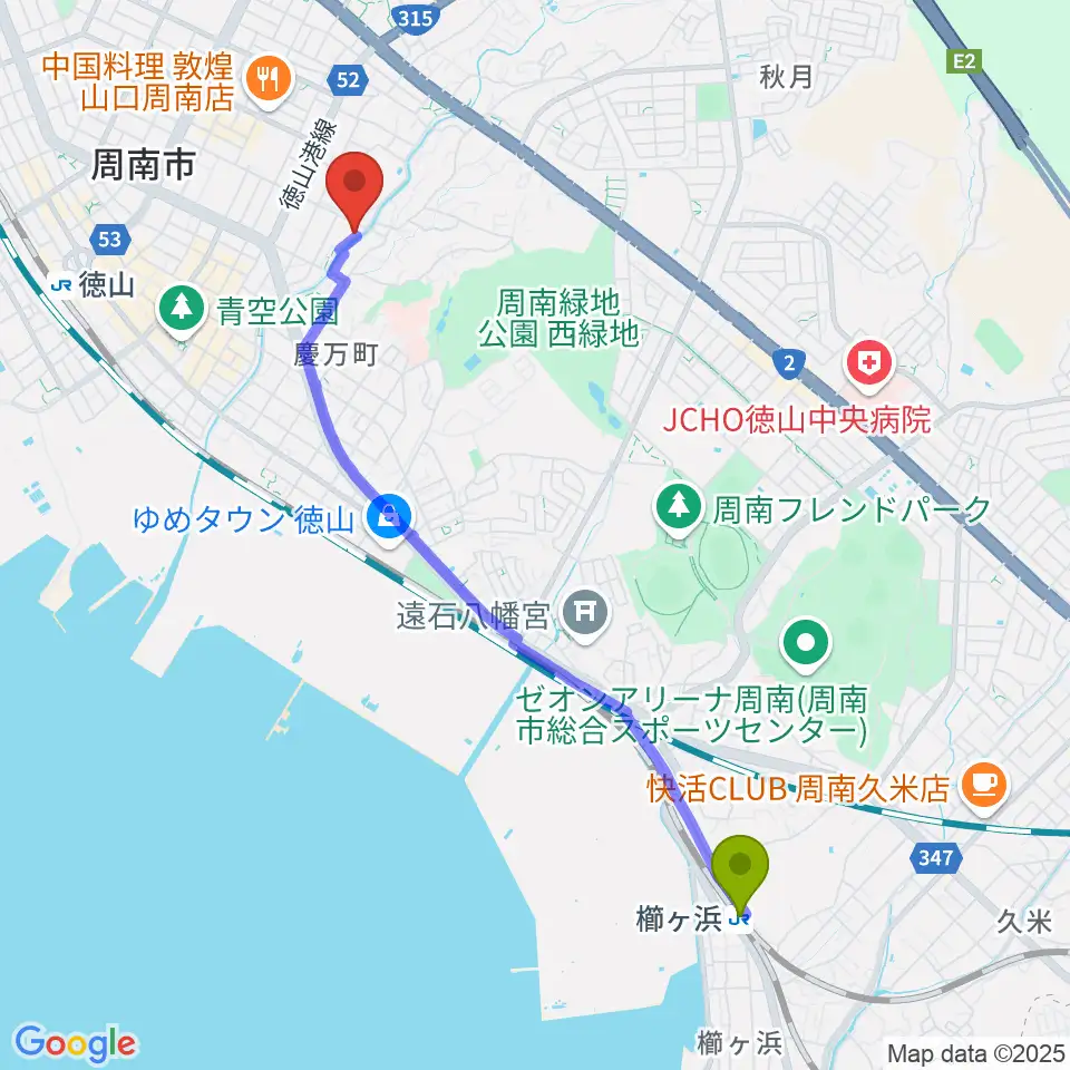 櫛ケ浜駅からグランドミック周南楽器 御弓店へのルートマップ地図
