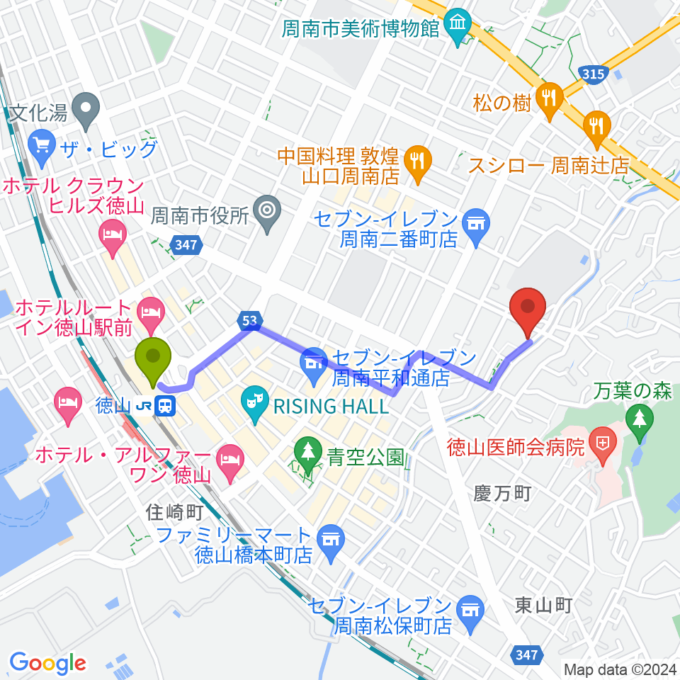 グランドミック周南楽器 御弓店の最寄駅徳山駅からの徒歩ルート（約18分）地図
