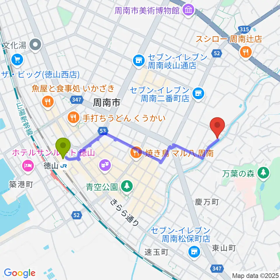 グランドミック周南楽器 御弓店の最寄駅徳山駅からの徒歩ルート（約18分）地図