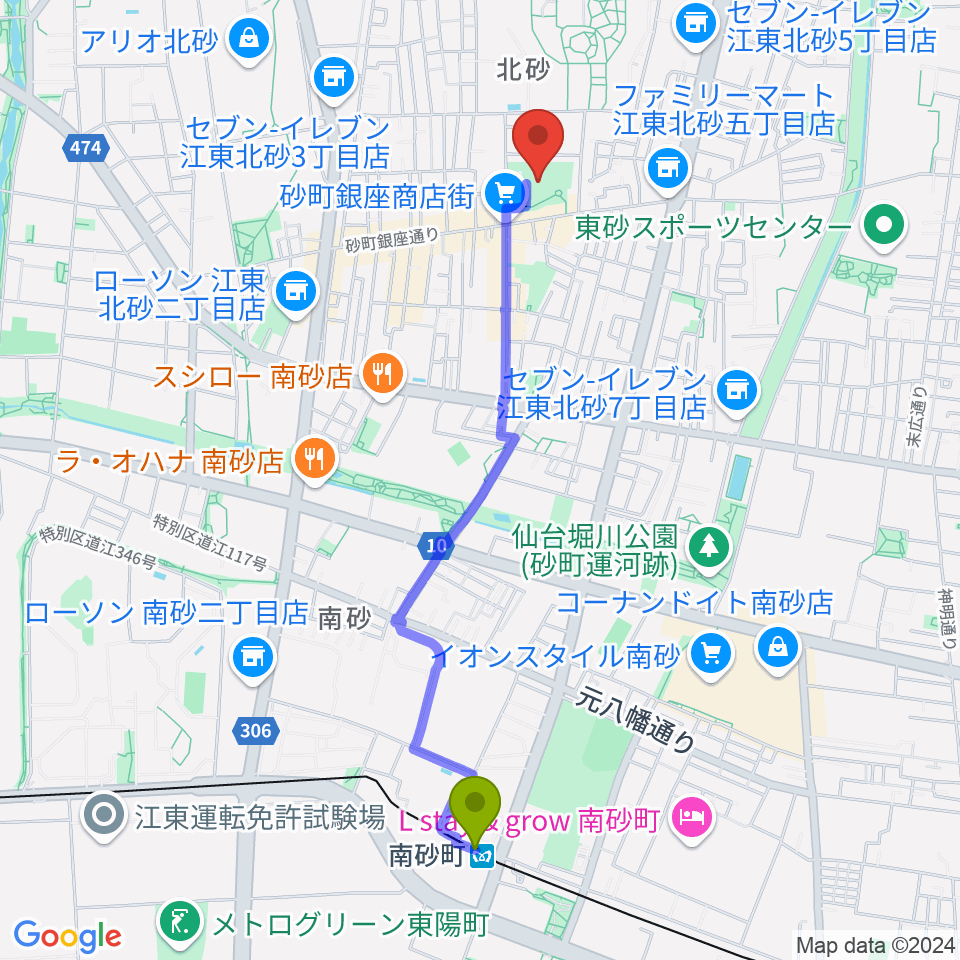 南砂町駅から砂町文化センターへのルートマップ地図