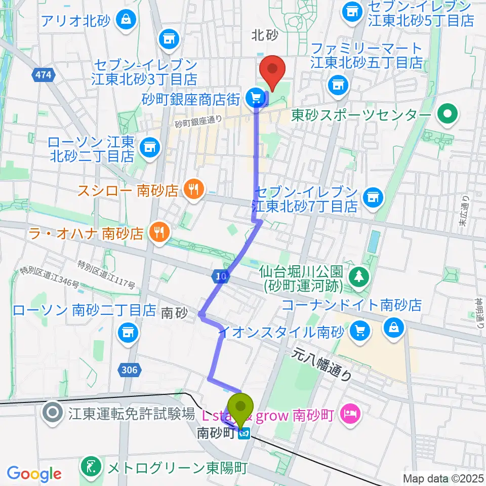 南砂町駅から砂町文化センターへのルートマップ地図