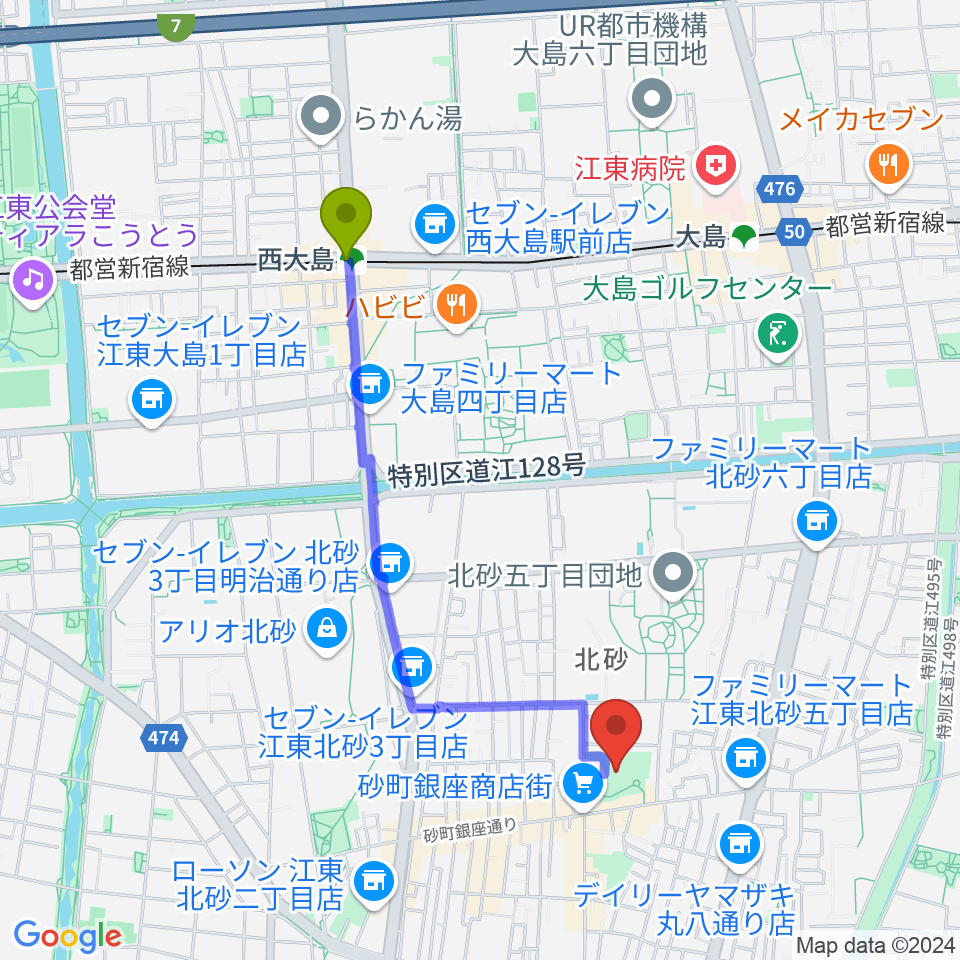 西大島駅から砂町文化センターへのルートマップ地図