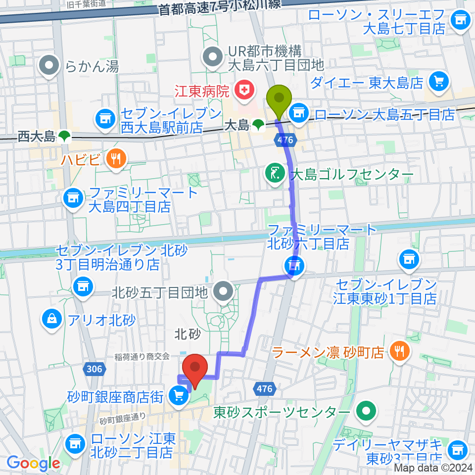 砂町文化センターの最寄駅大島駅からの徒歩ルート（約18分）地図