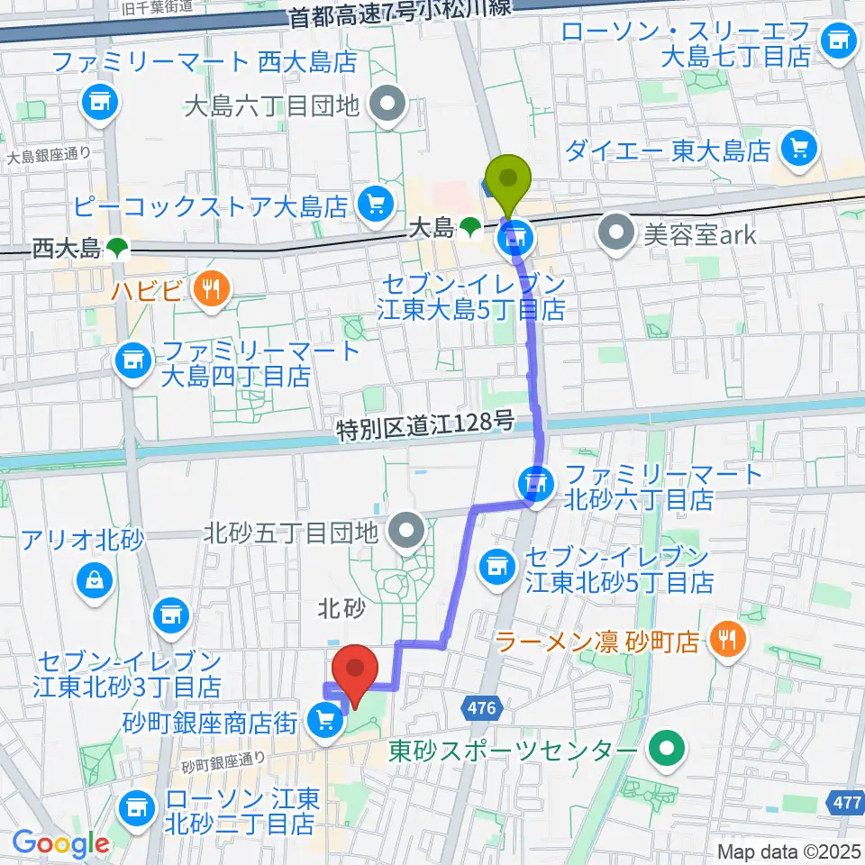 砂町文化センターの最寄駅大島駅からの徒歩ルート（約18分）地図