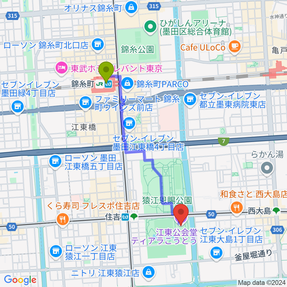 錦糸町駅からティアラこうとうへのルートマップ地図