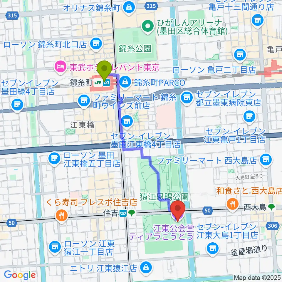 錦糸町駅からティアラこうとうへのルートマップ地図