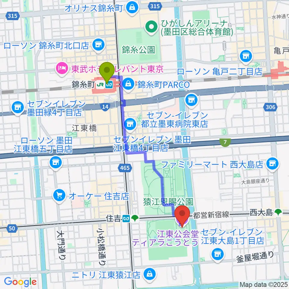 錦糸町駅からティアラこうとうへのルートマップ地図