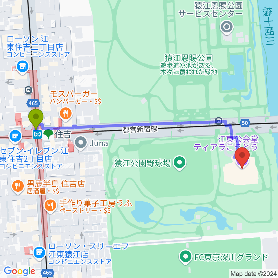 ティアラこうとうの最寄駅住吉駅からの徒歩ルート（約6分）地図