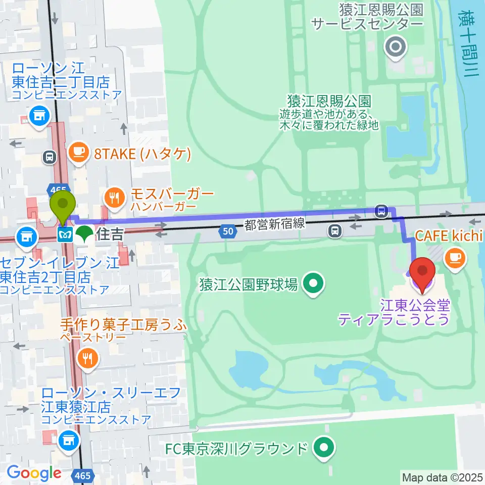 ティアラこうとうの最寄駅住吉駅からの徒歩ルート（約6分）地図
