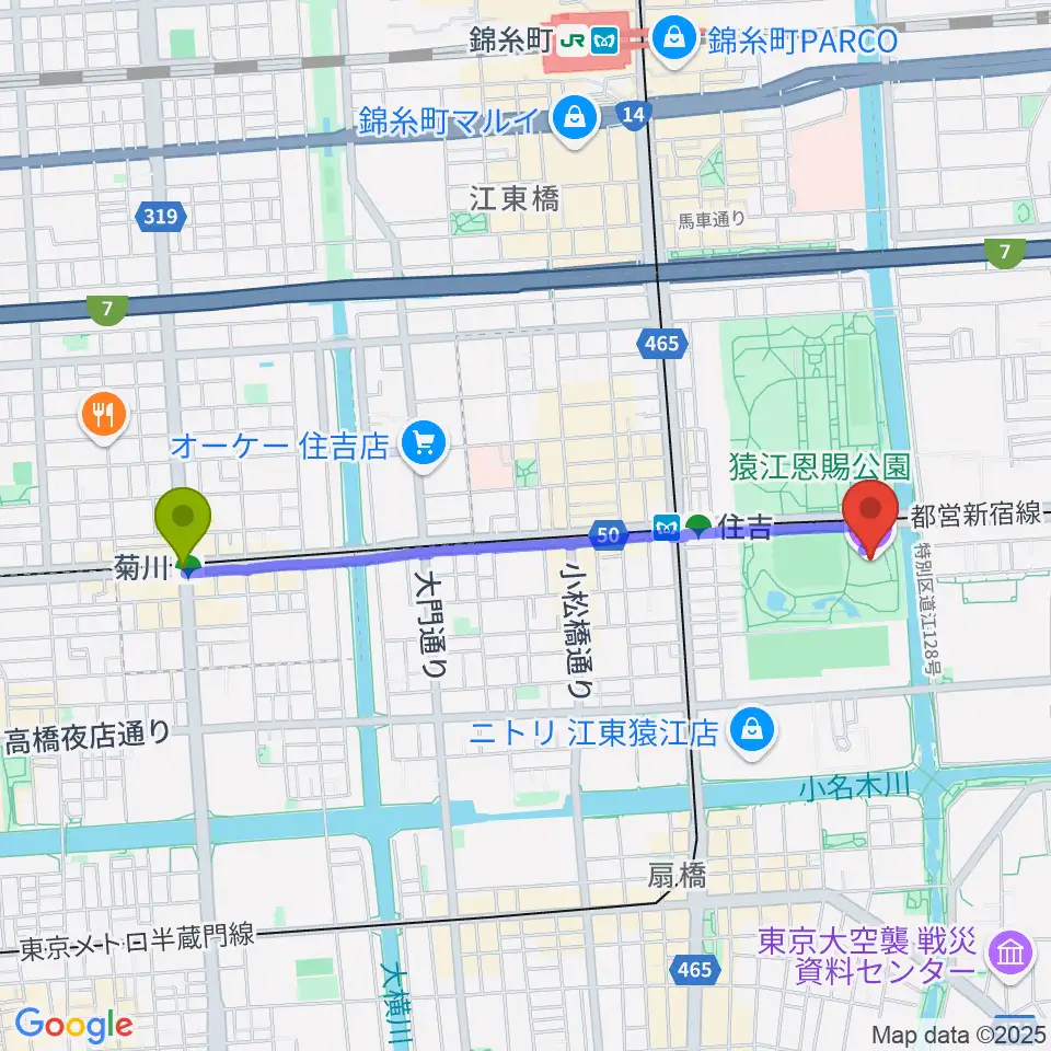 菊川駅からティアラこうとうへのルートマップ地図