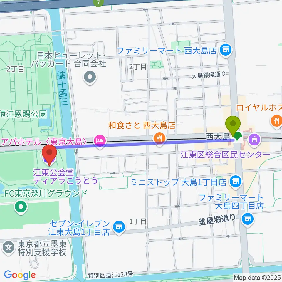 西大島駅からティアラこうとうへのルートマップ地図