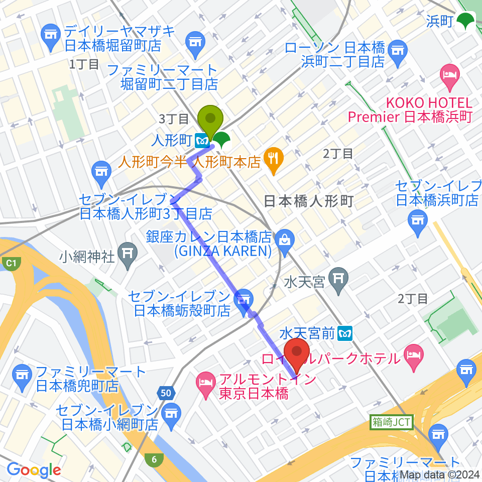 人形町駅から日本橋公会堂へのルートマップ地図