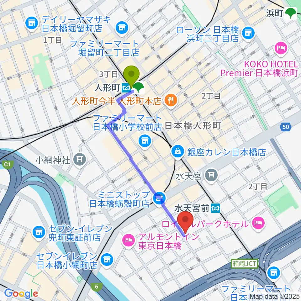 人形町駅から日本橋公会堂へのルートマップ地図