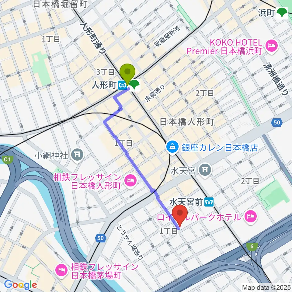 人形町駅から日本橋公会堂へのルートマップ地図