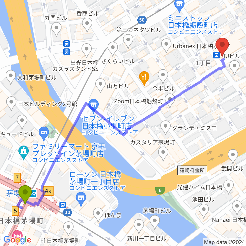 茅場町駅から日本橋公会堂へのルートマップ地図