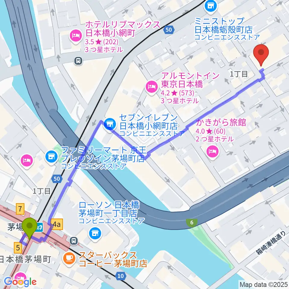 茅場町駅から日本橋公会堂へのルートマップ地図