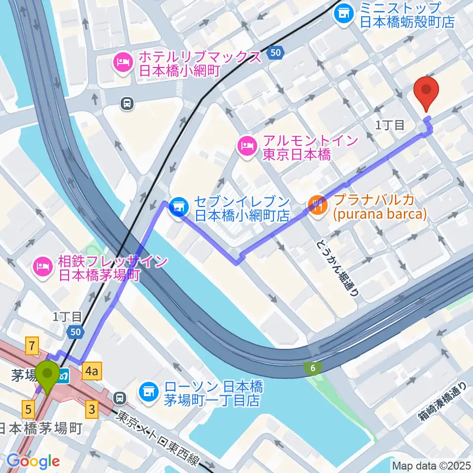 茅場町駅から日本橋公会堂へのルートマップ地図