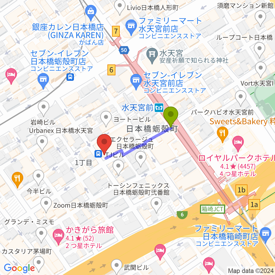 日本橋公会堂の最寄駅水天宮前駅からの徒歩ルート（約2分）地図