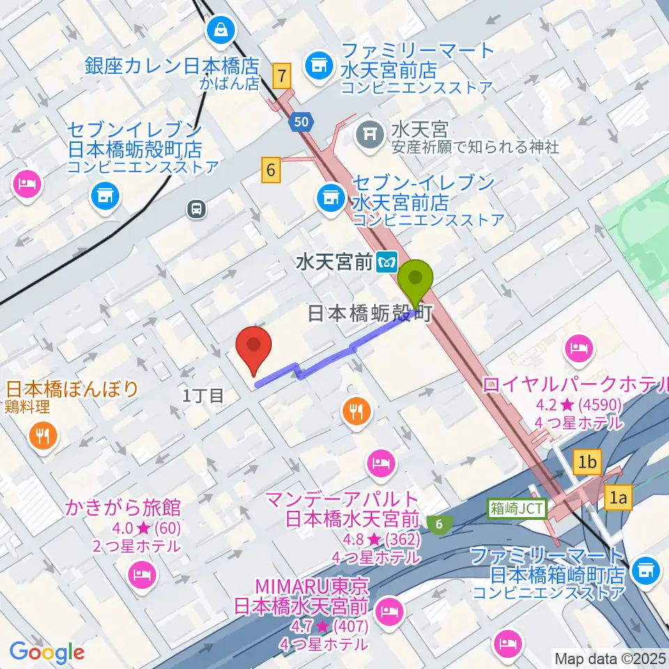 日本橋公会堂の最寄駅水天宮前駅からの徒歩ルート（約2分）地図