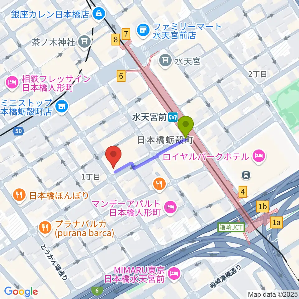 日本橋公会堂の最寄駅水天宮前駅からの徒歩ルート（約2分）地図
