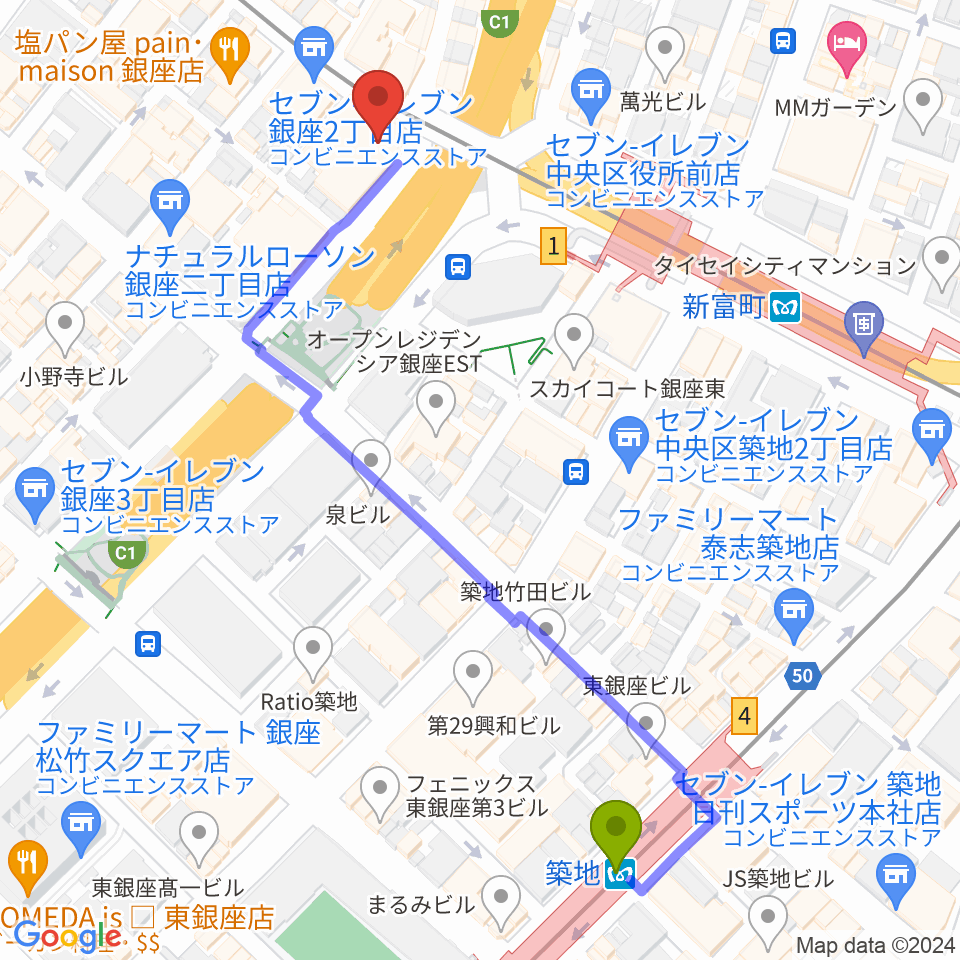 築地駅から銀座ブロッサム 中央会館へのルートマップ地図