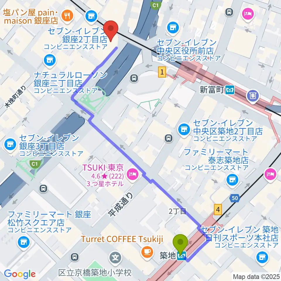 築地駅から銀座ブロッサム 中央会館へのルートマップ地図