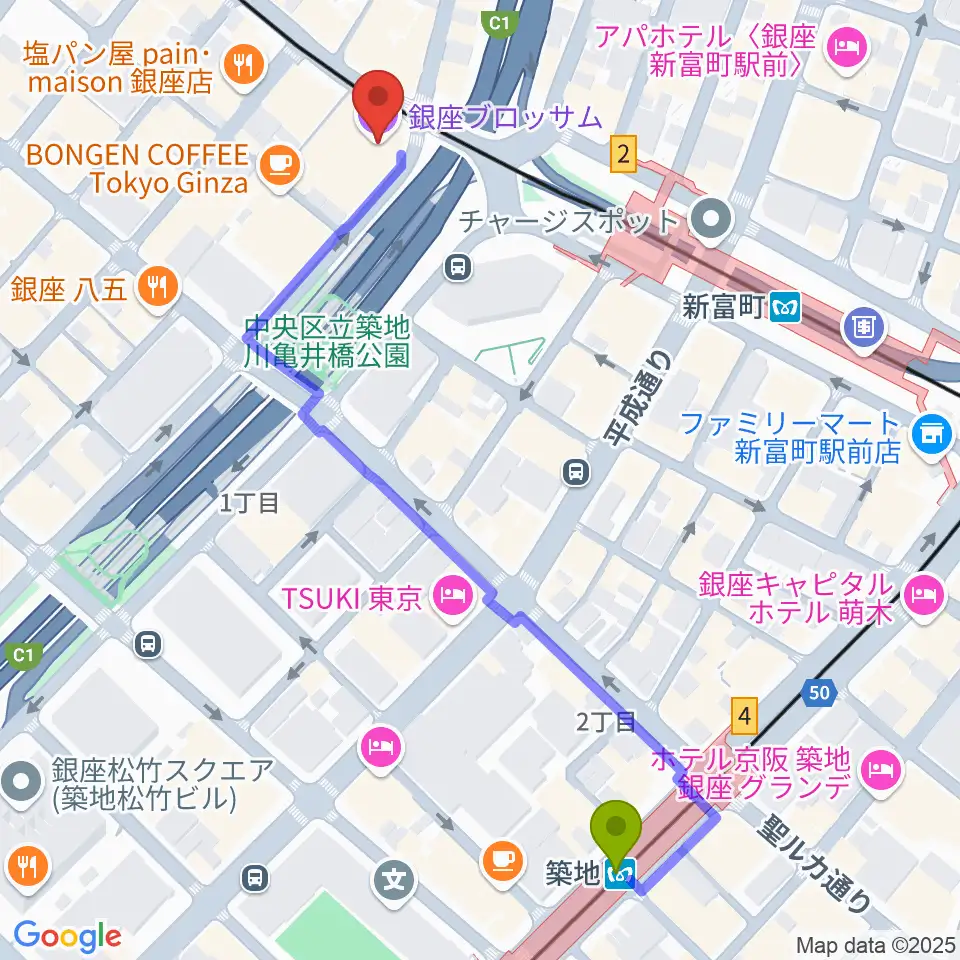 築地駅から銀座ブロッサム 中央会館へのルートマップ地図