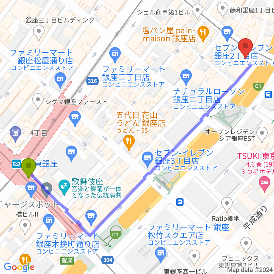 東銀座駅から銀座ブロッサム 中央会館へのルートマップ地図