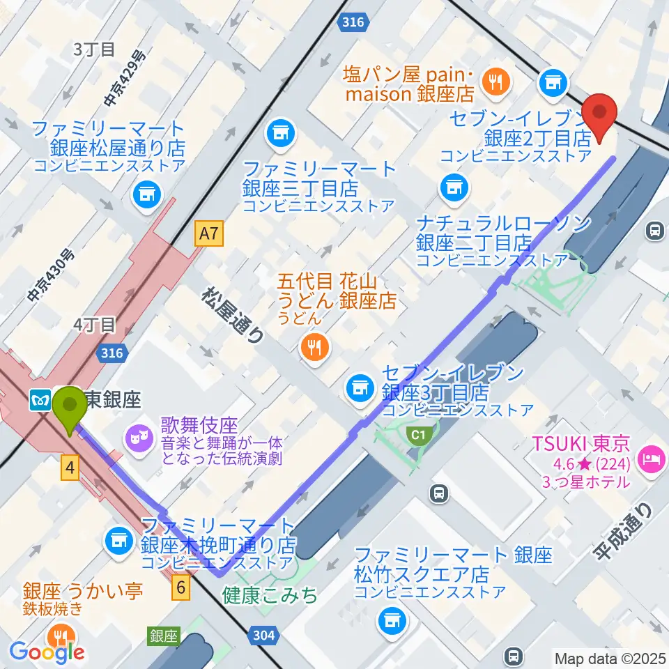 東銀座駅から銀座ブロッサム 中央会館へのルートマップ地図