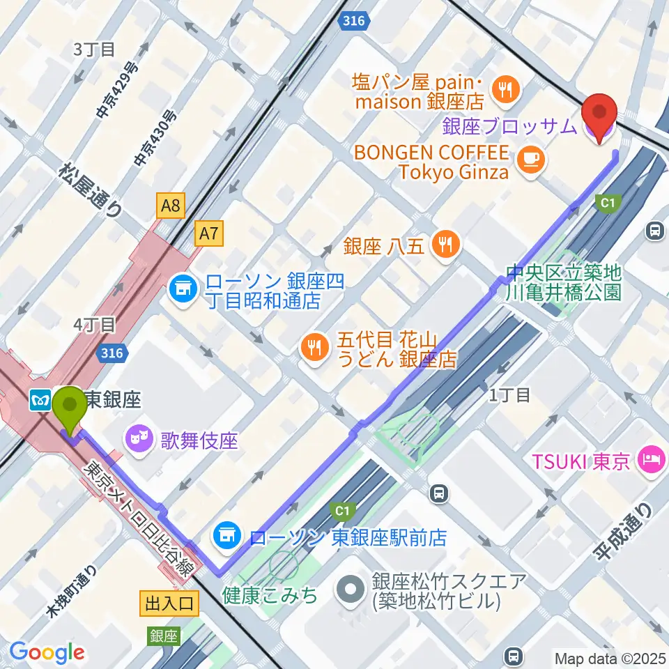 東銀座駅から銀座ブロッサム 中央会館へのルートマップ地図