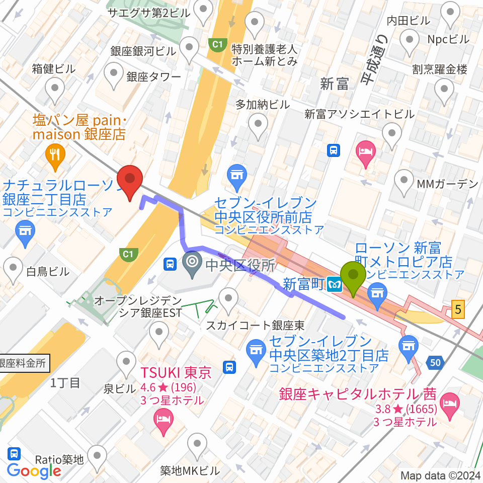 銀座ブロッサム 中央会館の最寄駅新富町駅からの徒歩ルート（約4分）地図