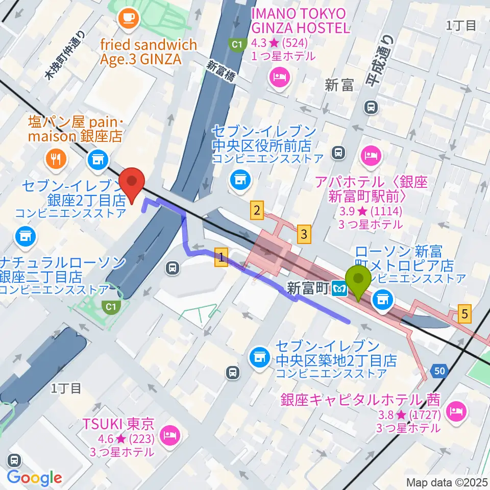 銀座ブロッサム 中央会館の最寄駅新富町駅からの徒歩ルート（約4分）地図