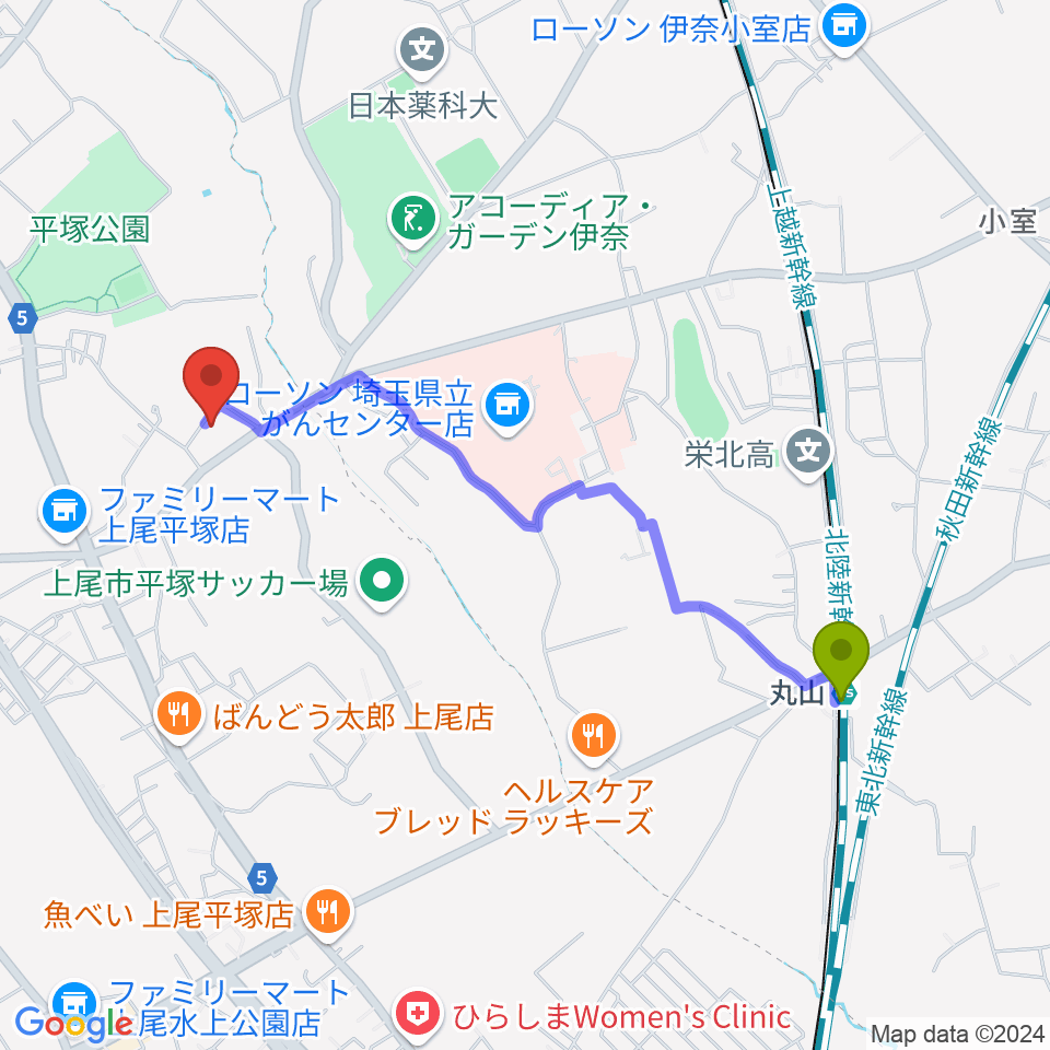 丸山駅からイコス上尾へのルートマップ地図