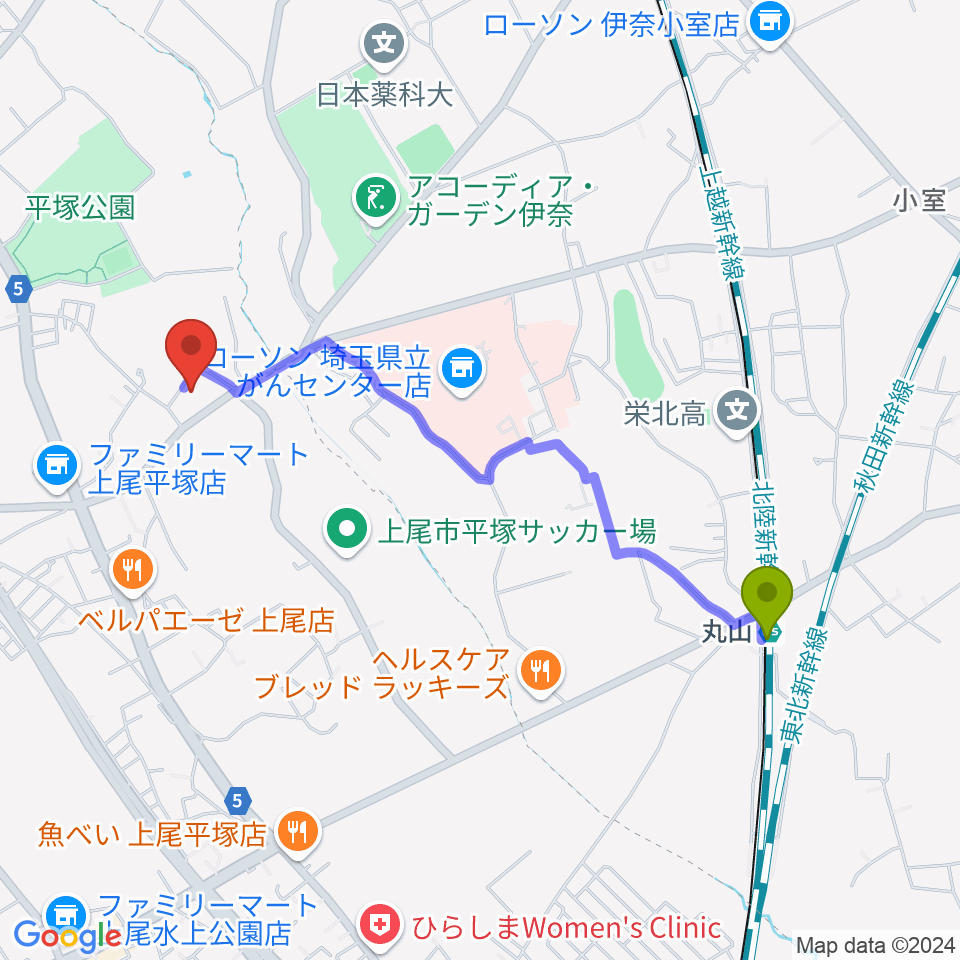 丸山駅からイコス上尾へのルートマップ地図