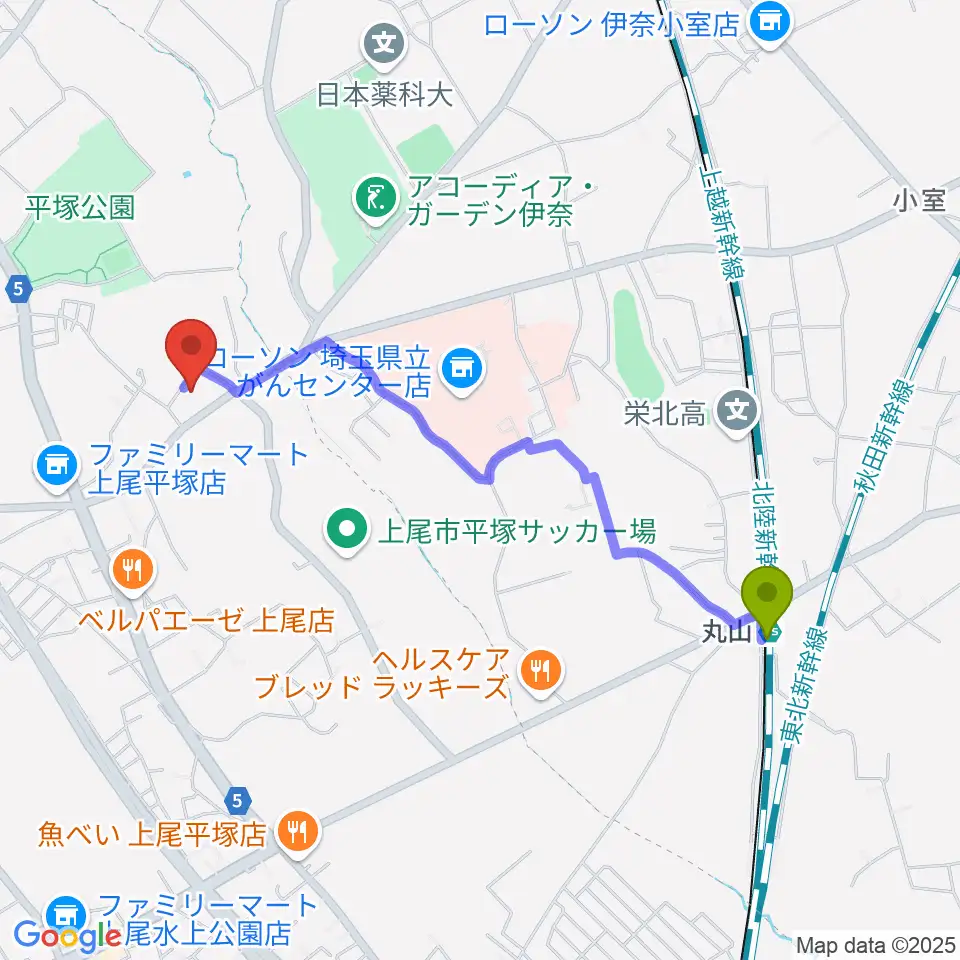 丸山駅からイコス上尾へのルートマップ地図