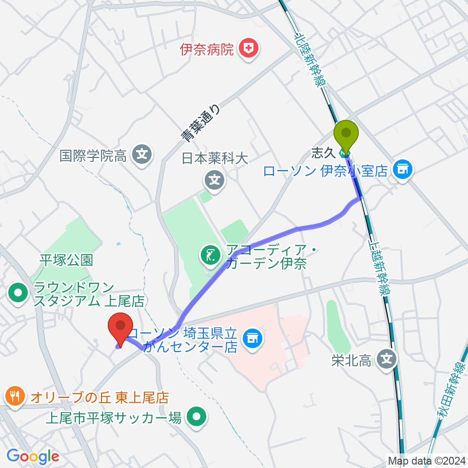 イコス上尾の最寄駅志久駅からの徒歩ルート（約20分）地図