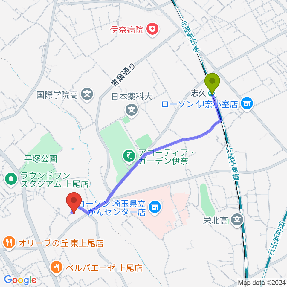 イコス上尾の最寄駅志久駅からの徒歩ルート（約20分）地図