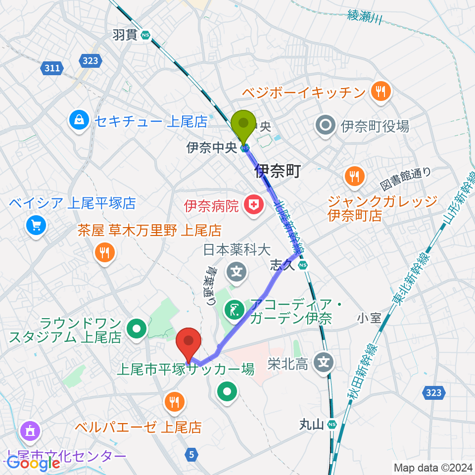 伊奈中央駅からイコス上尾へのルートマップ地図