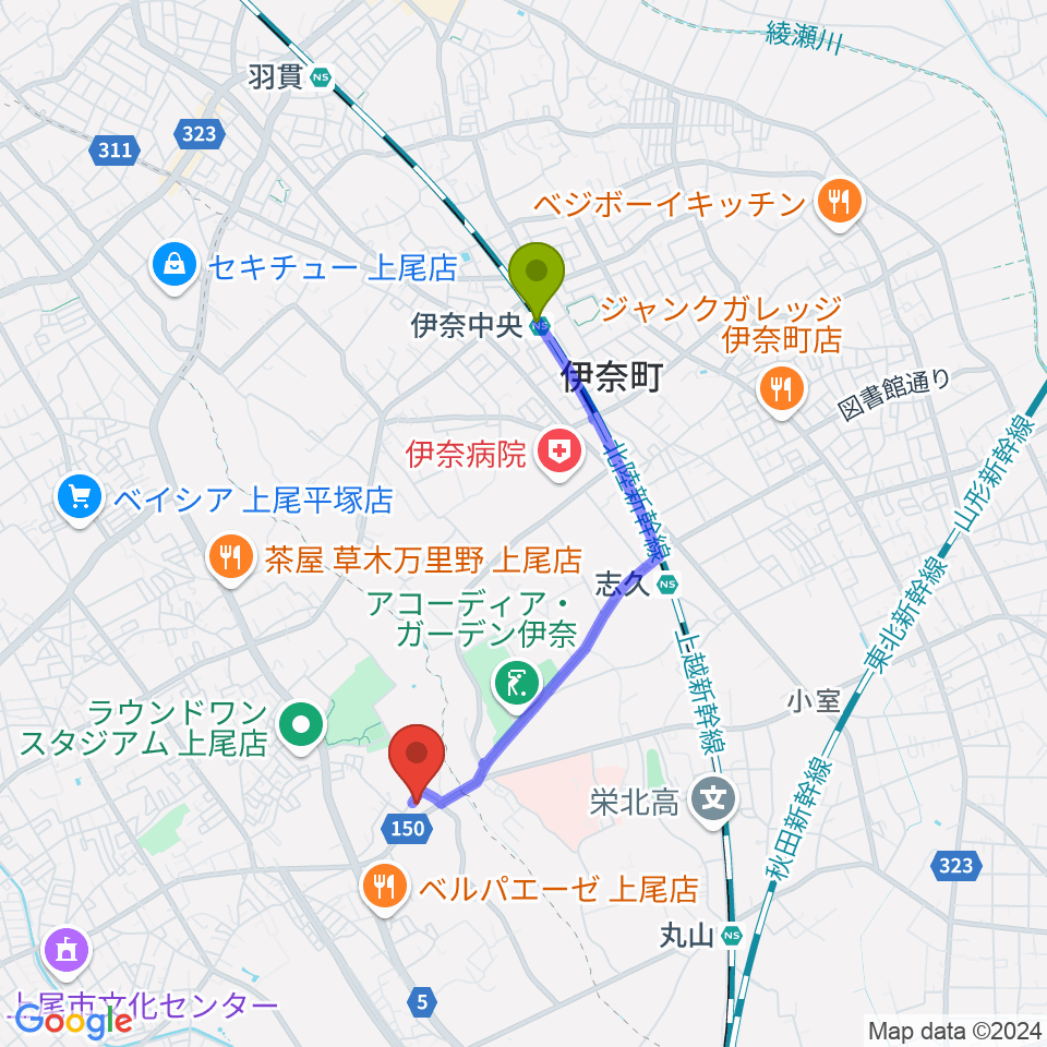 伊奈中央駅からイコス上尾へのルートマップ地図