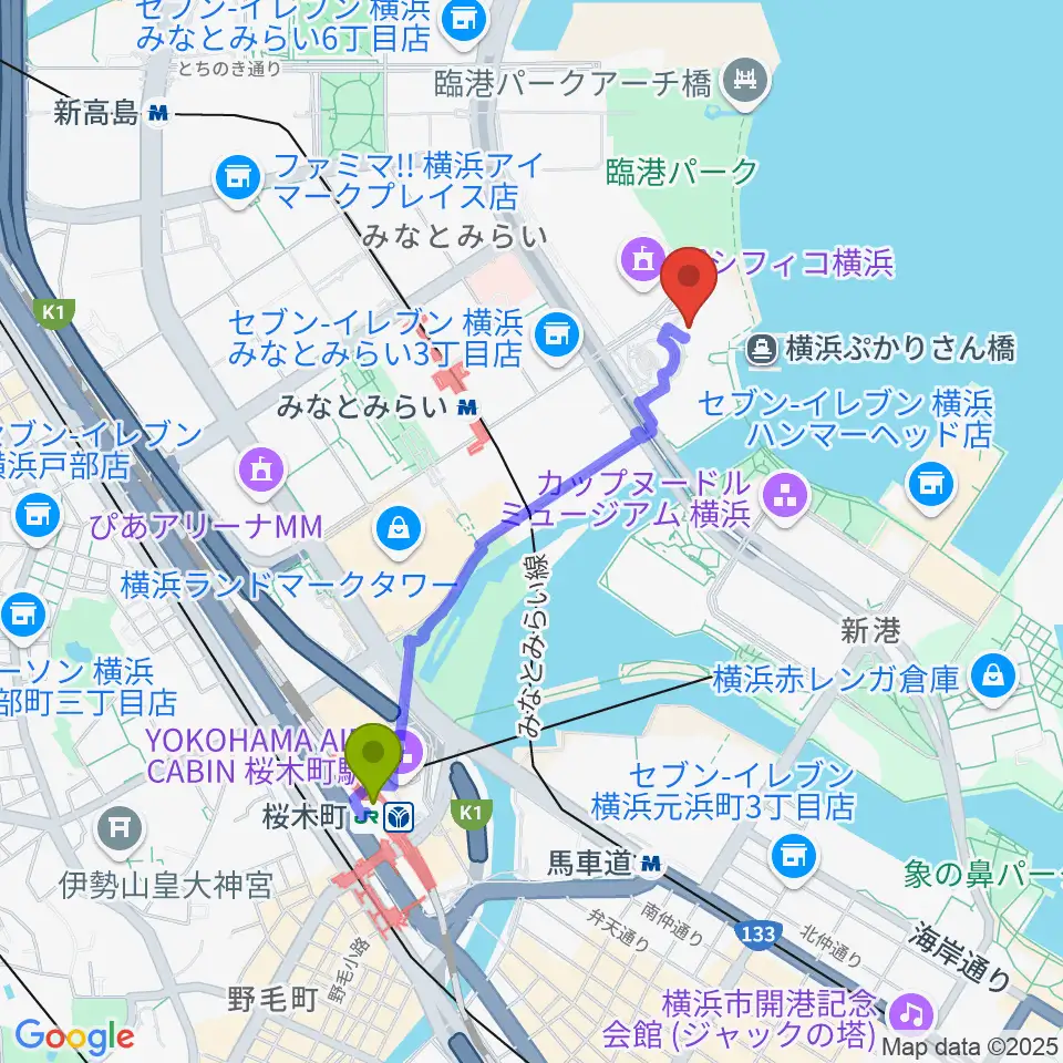 桜木町駅からパシフィコ横浜 国立大ホールへのルートマップ地図