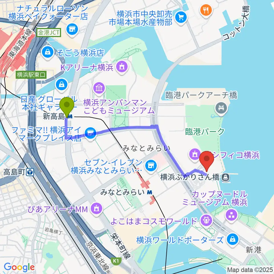 新高島駅からパシフィコ横浜 国立大ホールへのルートマップ地図