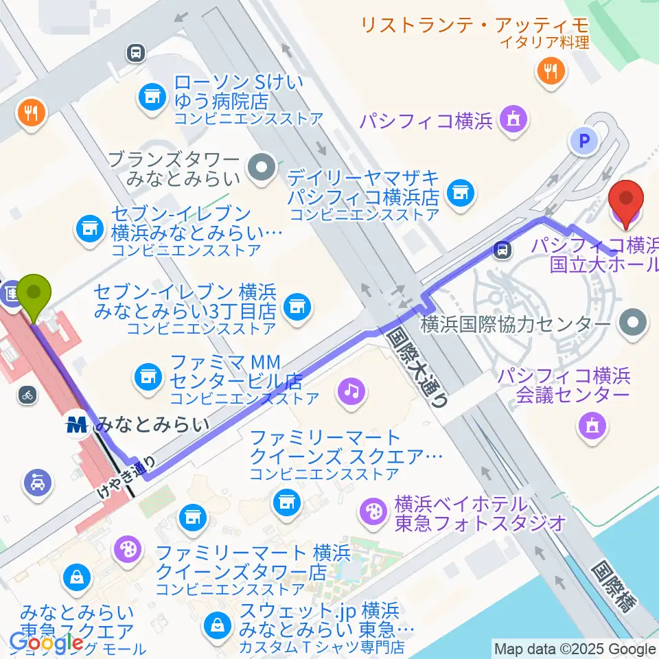 パシフィコ横浜 国立大ホールの最寄駅みなとみらい駅からの徒歩ルート（約7分）地図