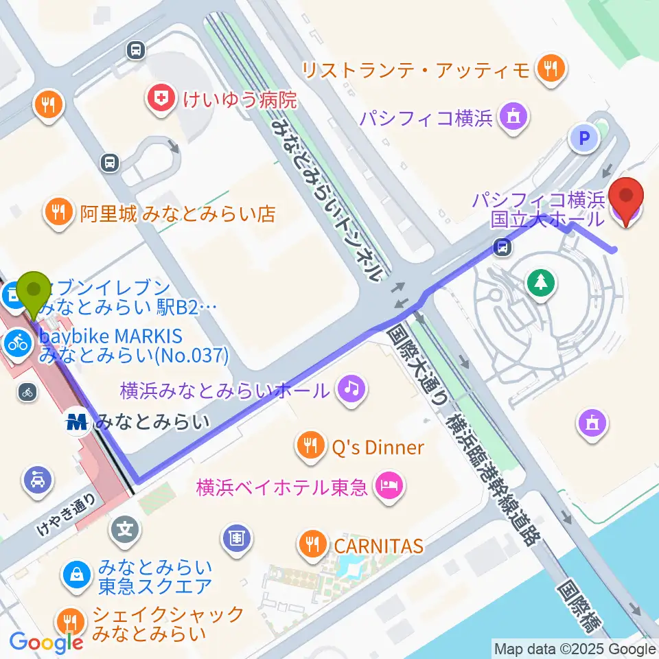 パシフィコ横浜 国立大ホールの最寄駅みなとみらい駅からの徒歩ルート（約7分）地図