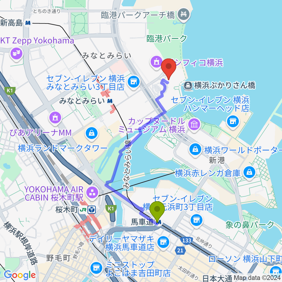 馬車道駅からパシフィコ横浜 国立大ホールへのルートマップ地図