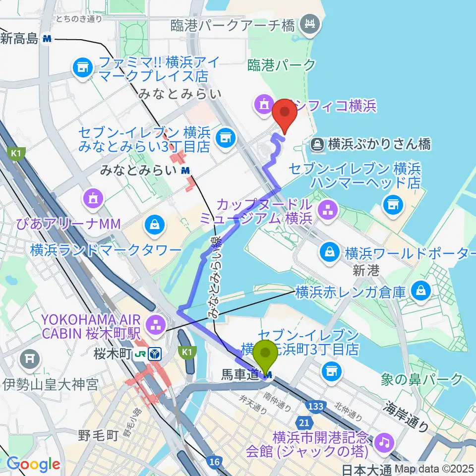 馬車道駅からパシフィコ横浜 国立大ホールへのルートマップ地図